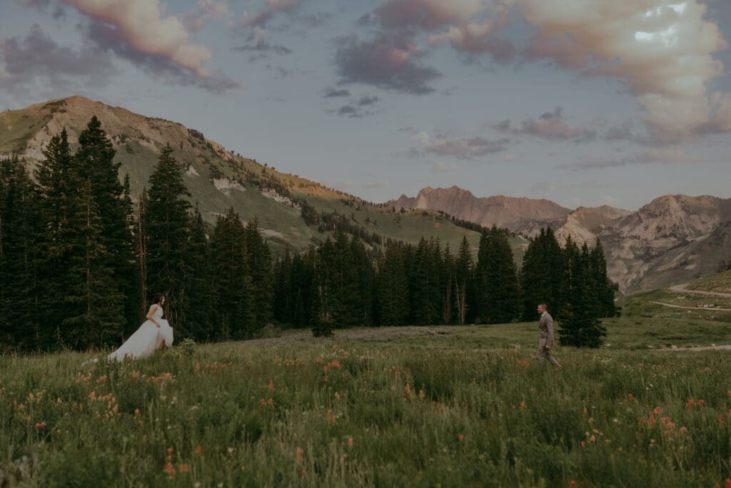 Summer wildflower mountain elopement couple at sunrise at the Albion Basin in Alta Utah