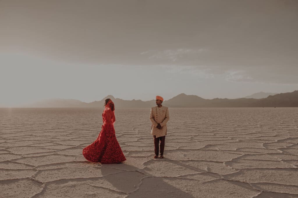 Indian elopement couple at the Bonneville Salt Flats in Utah