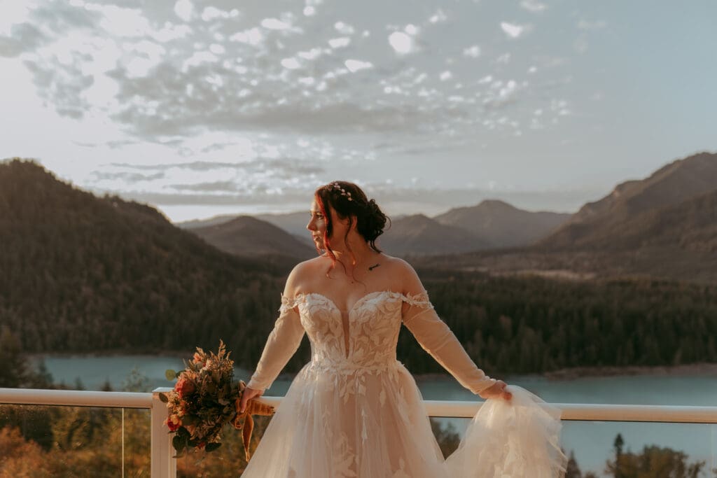 Sunrise elopement bride at Mt. Rainier National Park getting ready for her intimate wedding 