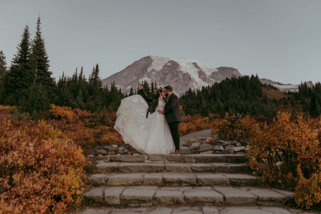 Mt. Rainier Paradise elopement couple on skyline trail during the fall season in october