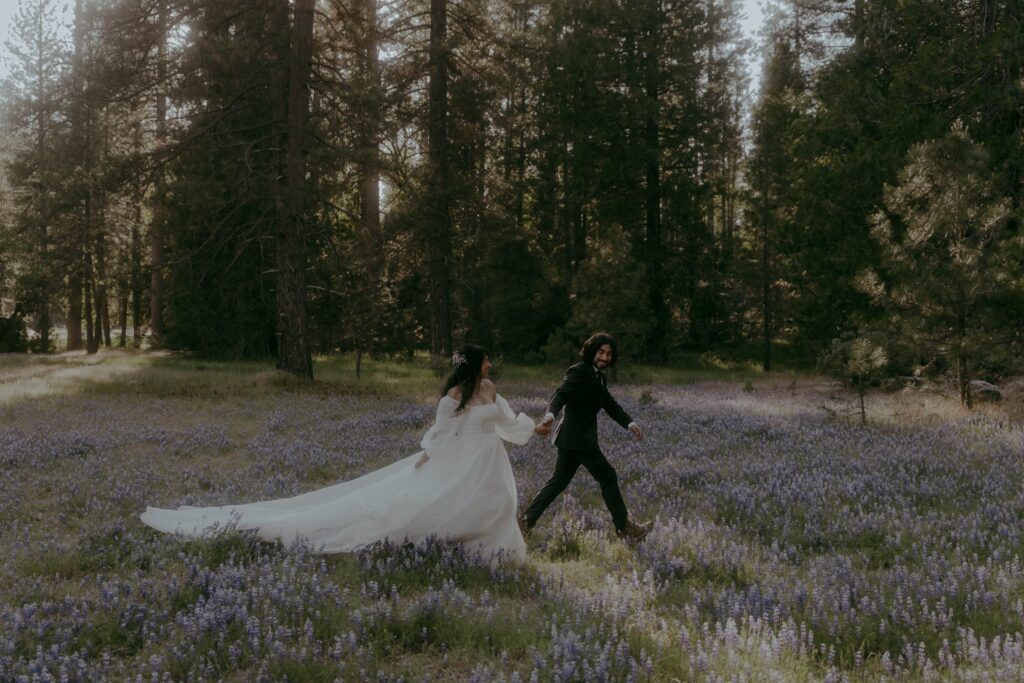 Adventure elopement couple in the spring wildflowers at Yosemite National Park