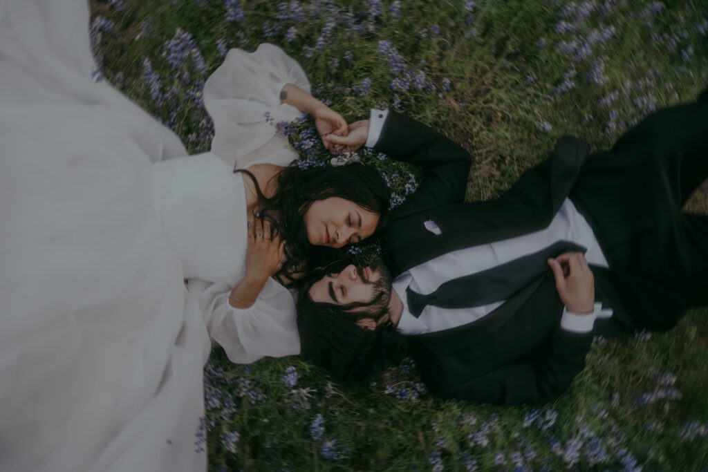 Romantic forest elopement couple in the wildflower meadows in Yosemite National Park