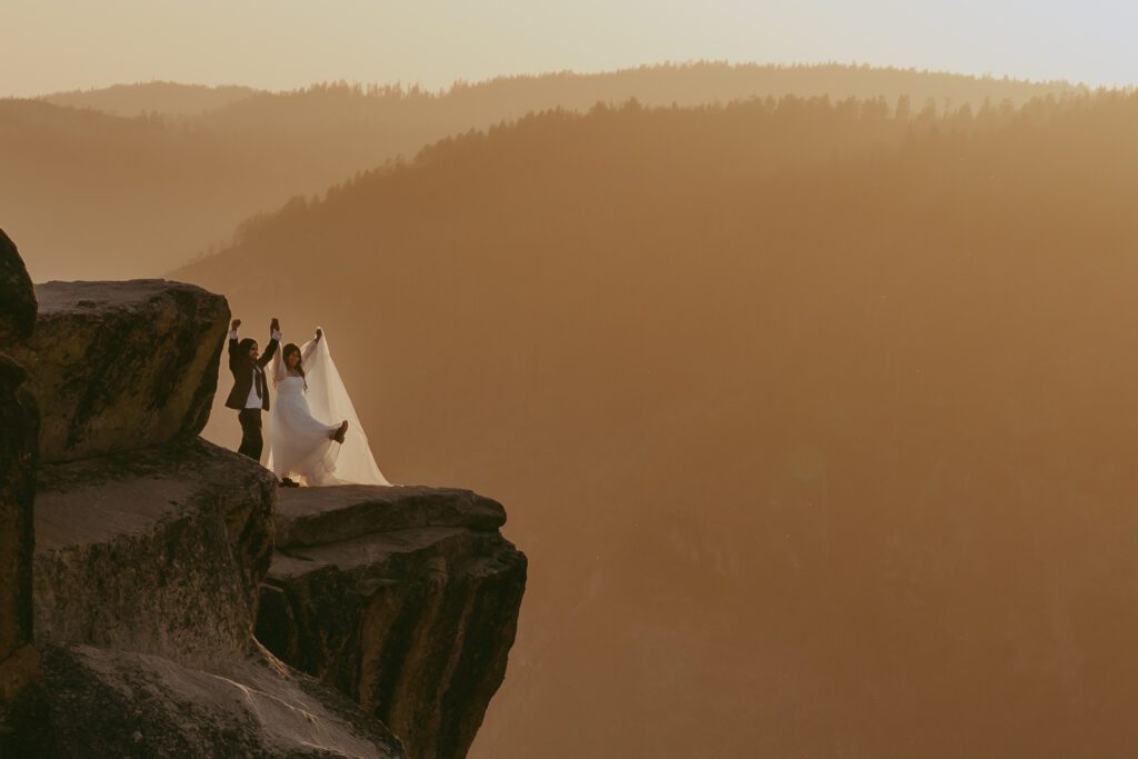 Sunset adventure elopement whimsical couple in Yosemite National Park at Taft Point