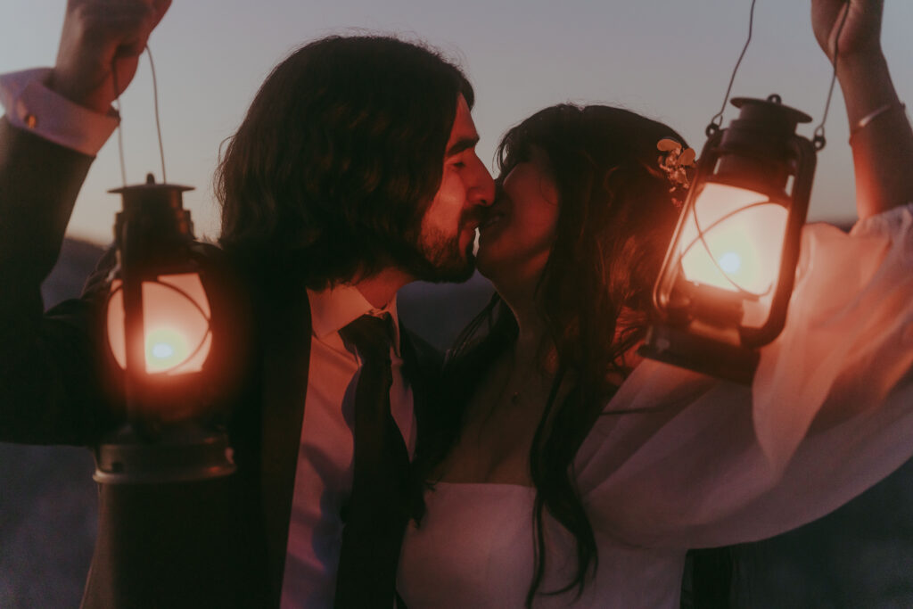 Romantic whimsical elopement couple during sunset at Taft Point in Yosemite National Park