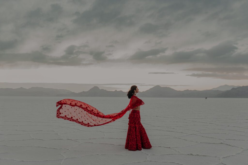 Indian bride at sunset at the Bonneville Salt Flats